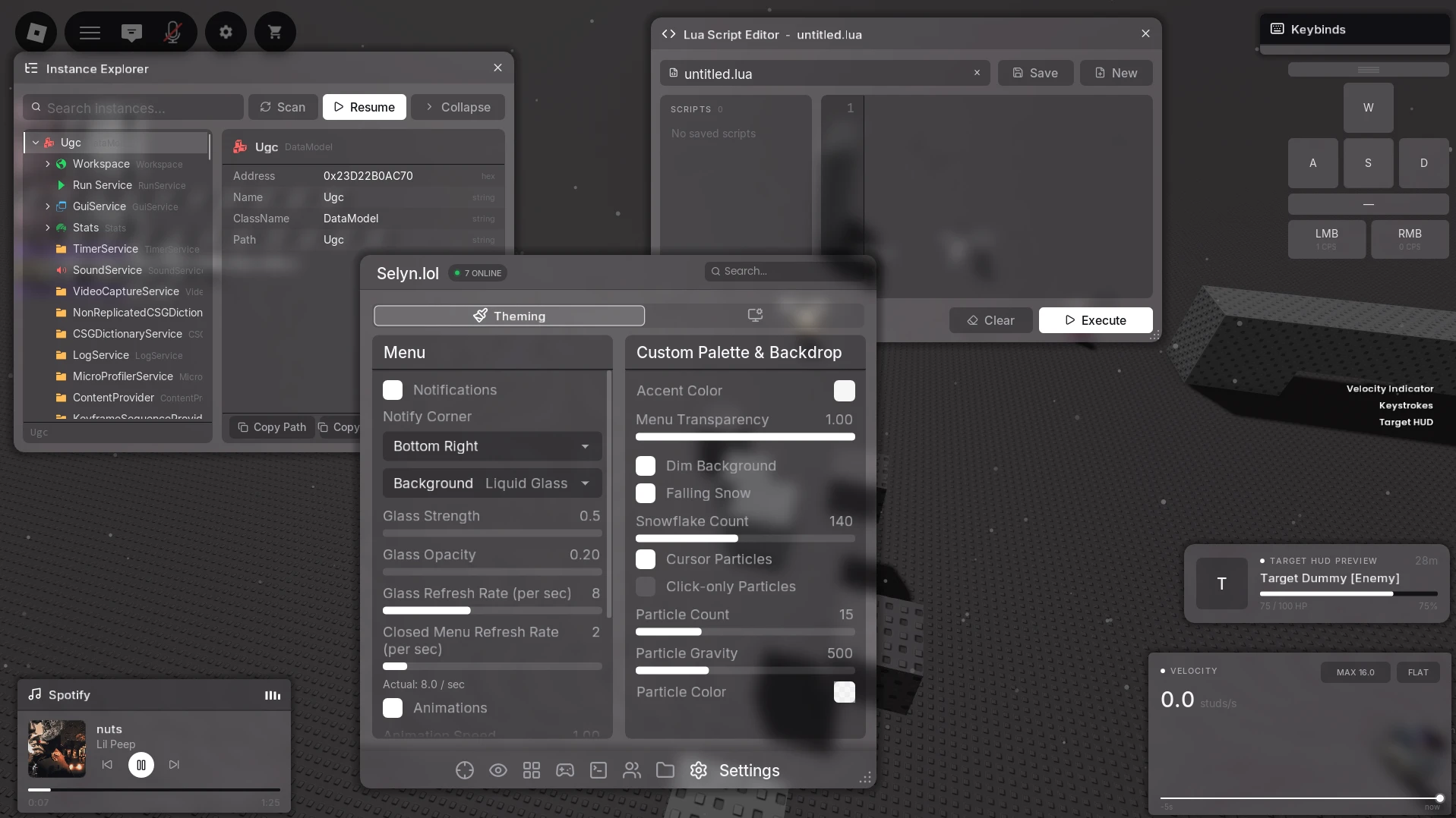 Selyn with Liquid Glass on: the menu, instance explorer, script editor, and HUD overlays all frosted over a Roblox scene